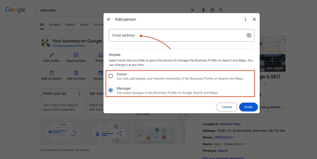 Google Business Profile Invite Manager using email from Google Search