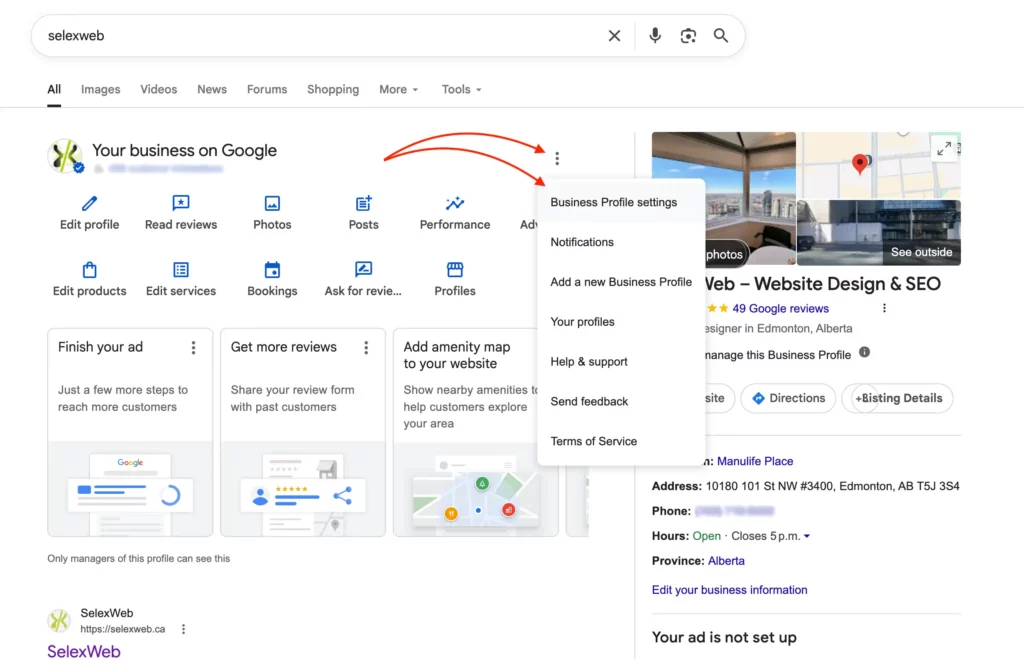 Google Business Profile Settings in Google Search Engine